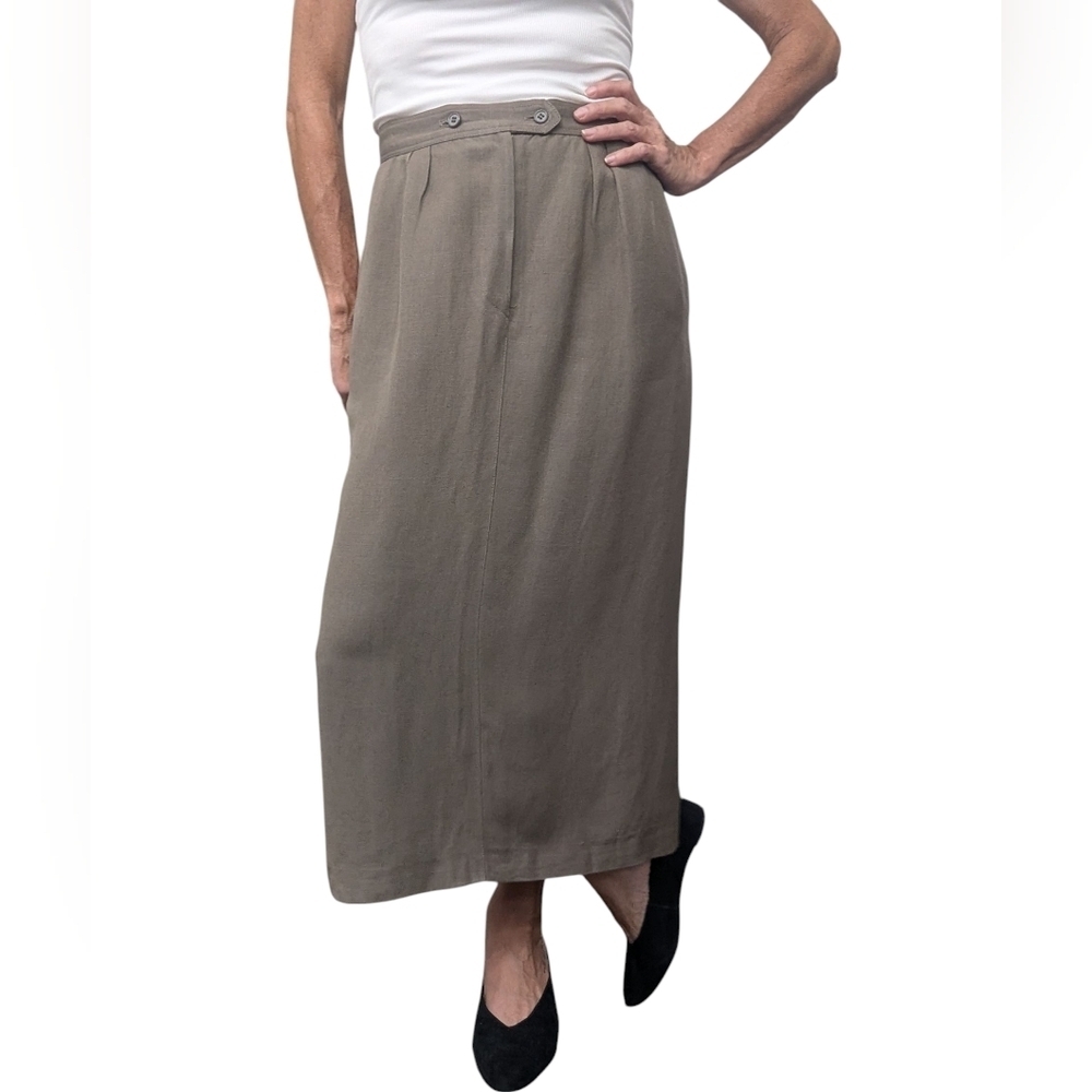 Vintage 90s David N Linen Blend High Waist Midi Skirt Taupe 8
